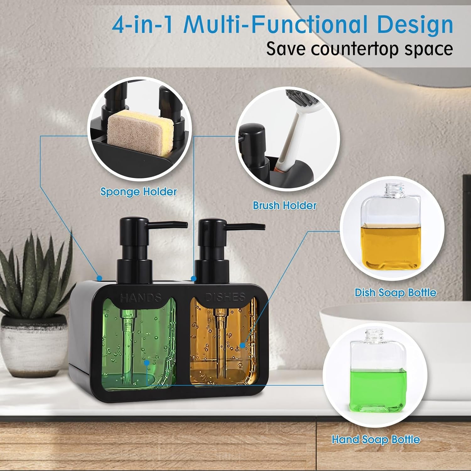 Kitchen Soap Dispenser Set, with Hand and Dish Soap, Sponge Caddy and Brush Holder 4-In-1 Kitchen Dual Soap Dispenser Set for Kitchen Sink, Bathroom - Black