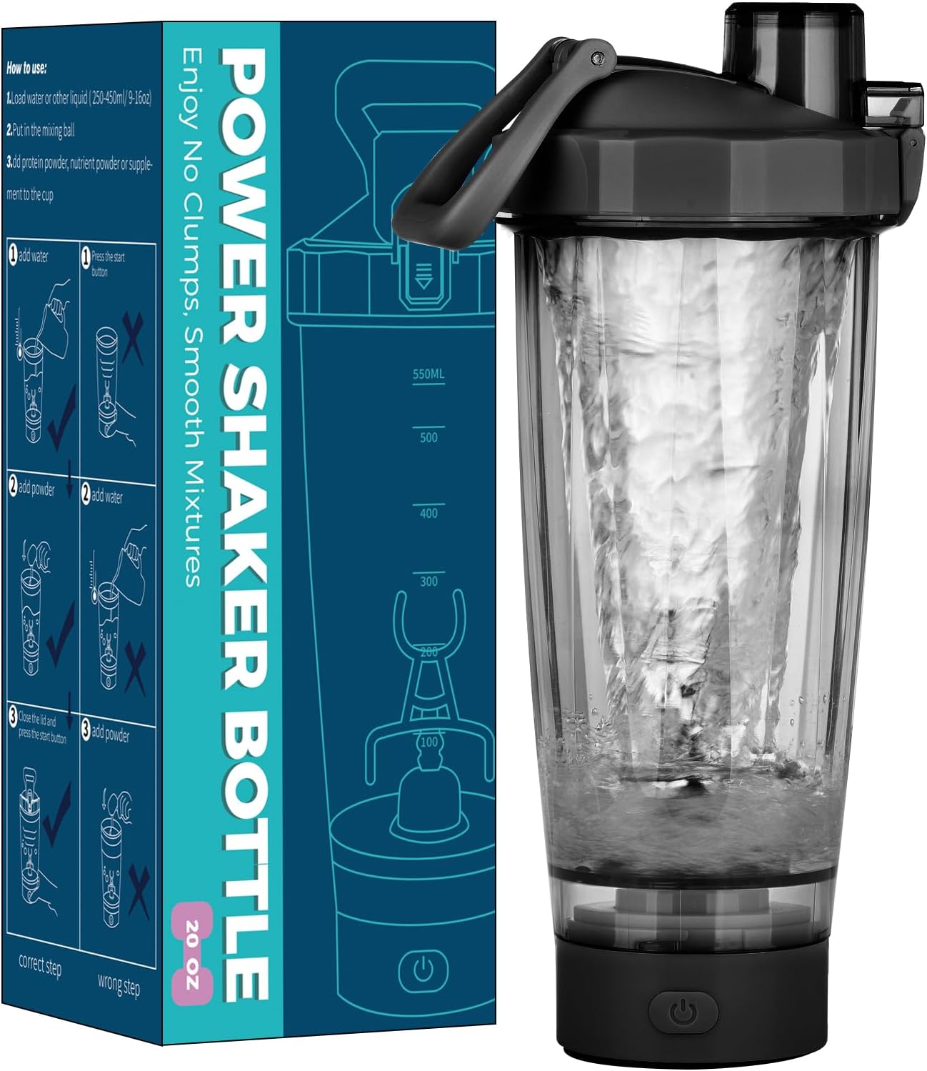 Electric Protein Shaker Bottle, USB C Rechargeable Premium Vortex Protein Shake Mixer, BPA Free, Shaker Cups for Protein Shakes & Meal Replacement Shakes, 550ML