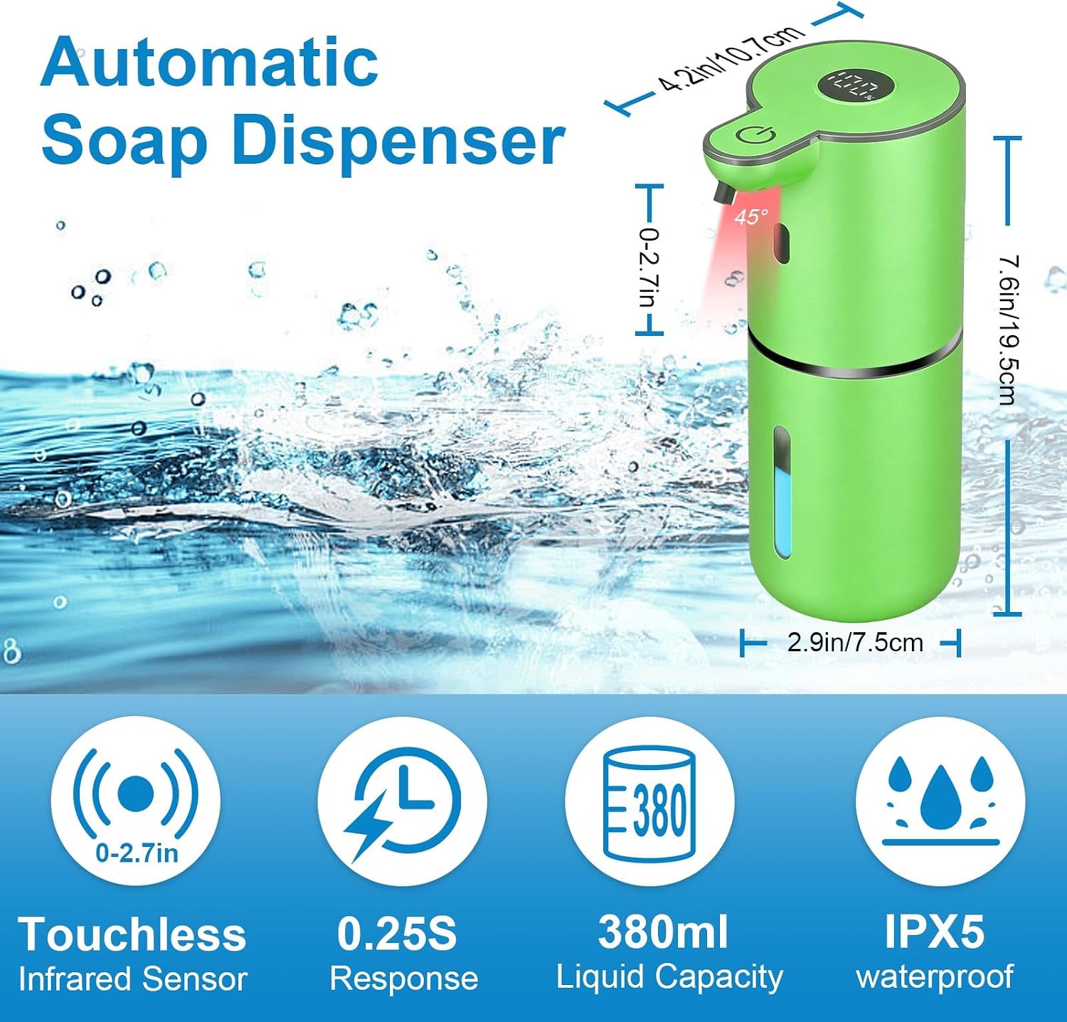 Automatic Foaming Soap Dispenser Touchless, USB Rechargeable Smart Hand Soap Dispenser, 6-Level Adjustable, 12.8Oz/380Ml Wall Mounted for Bathroom Kitchen Dish Soap-Green