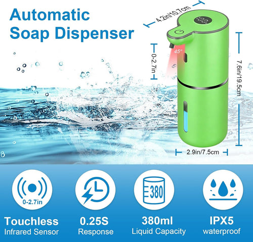 Automatic Foaming Soap Dispenser Touchless, USB Rechargeable Smart Hand Soap Dispenser, 6-Level Adjustable, 12.8Oz/380Ml Wall Mounted for Bathroom Kitchen Dish Soap-Green